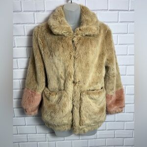 Zara Girls Faux Fur Coat Sz 11/12 Tan Beige barbie Pink Cuffs Cozy Winter Jacket